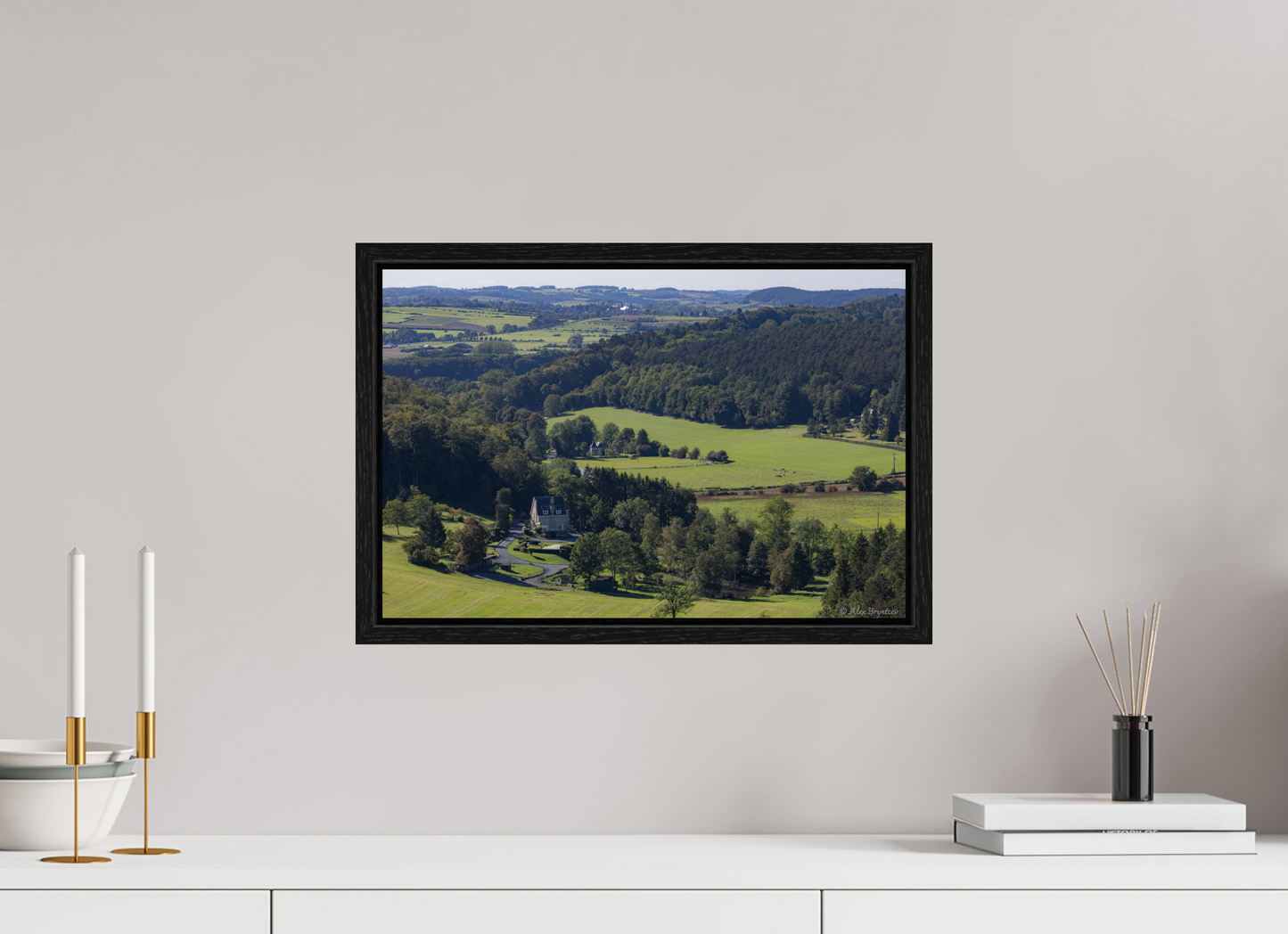 Serene Belgium Countryside Landscape Print - Lush Green Hills and Charming Cottage
