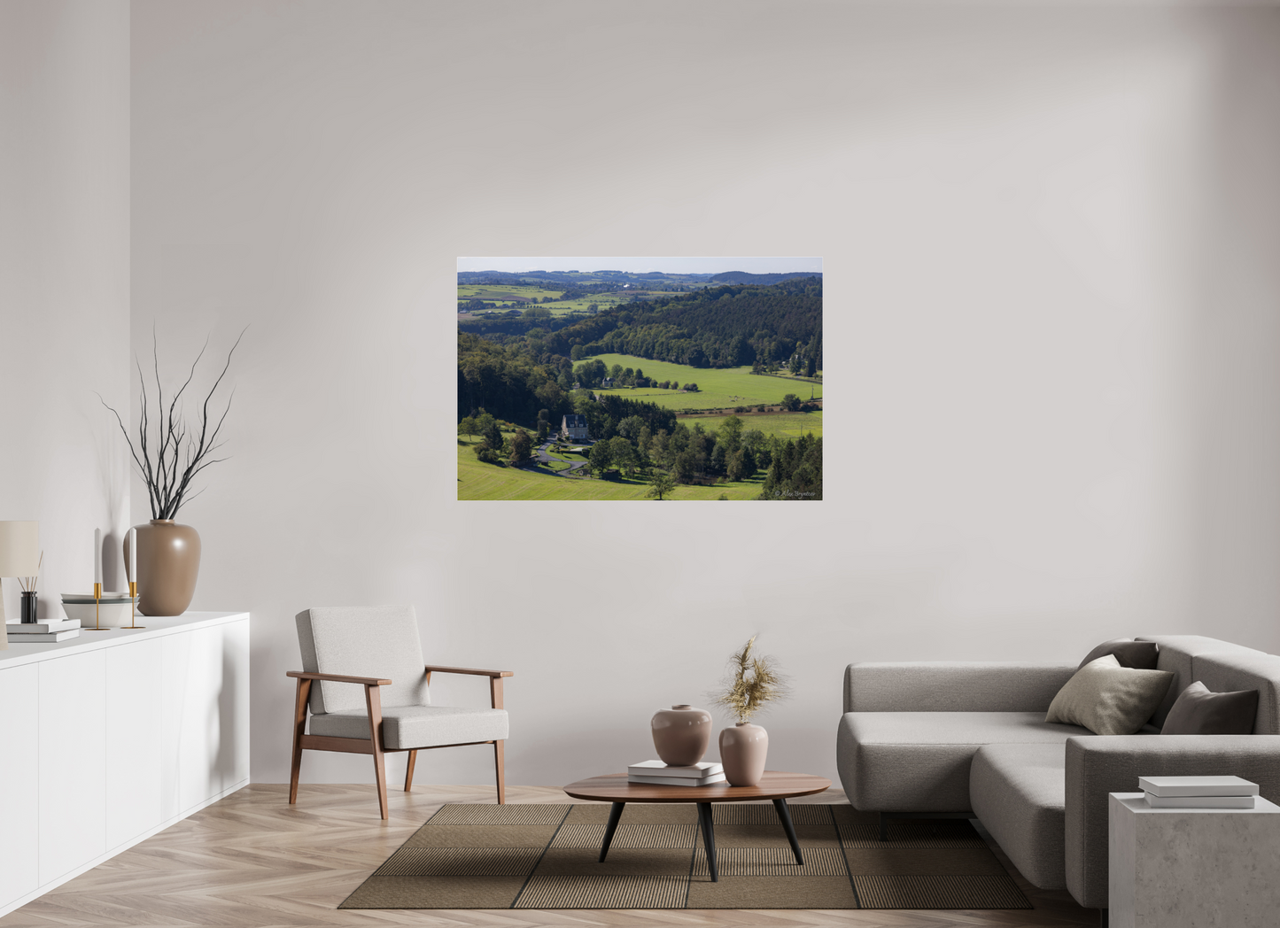 Serene Belgium Countryside Landscape Print - Lush Green Hills and Charming Cottage