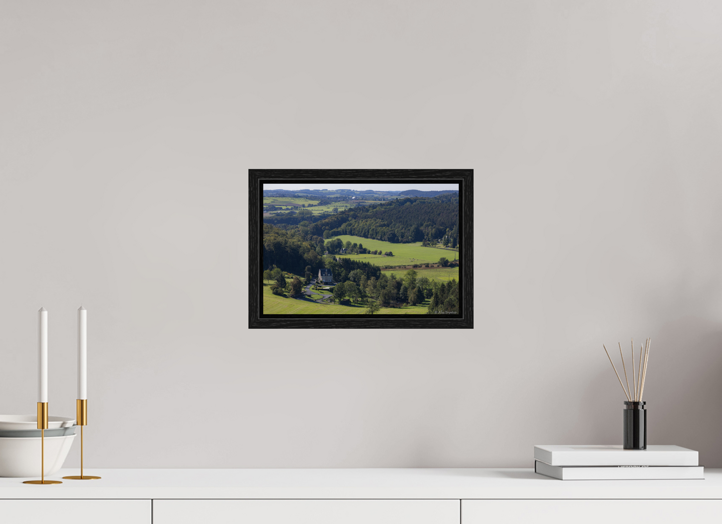 Serene Belgium Countryside Landscape Print - Lush Green Hills and Charming Cottage