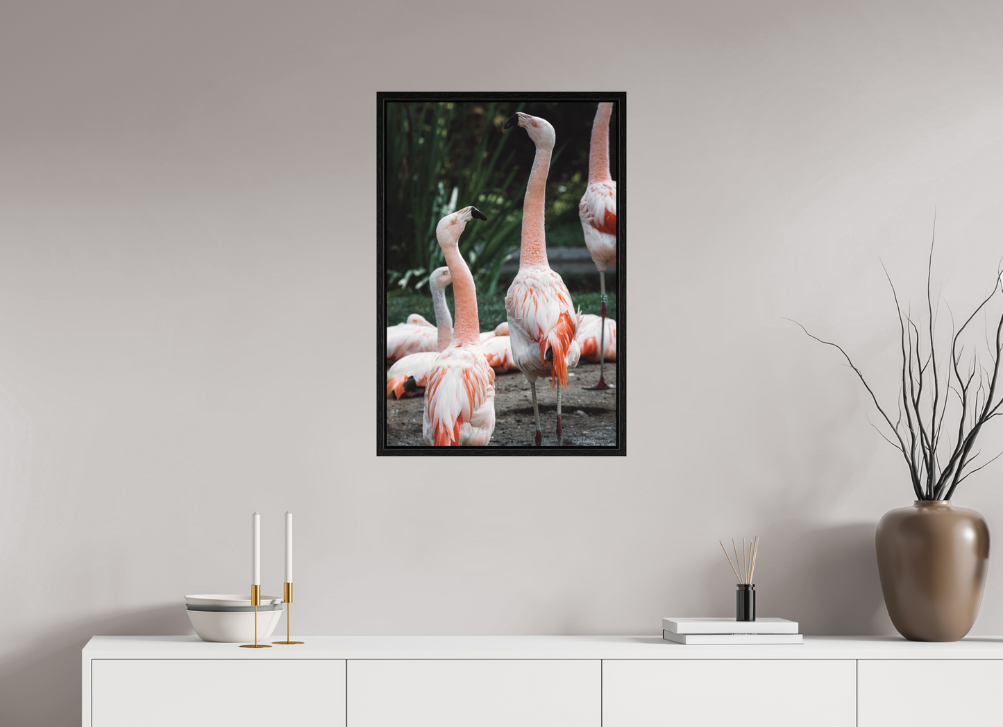 Graceful Flamingo Dance Art Print Wall Decor Vibrant Nature Photography