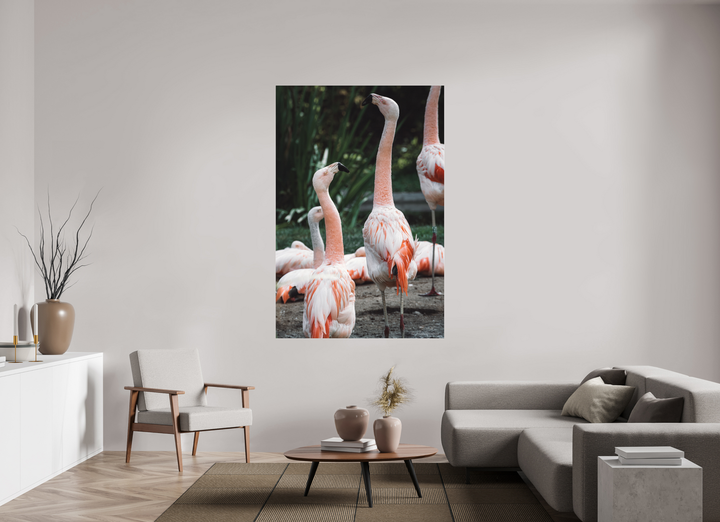 Graceful Flamingo Dance Art Print Wall Decor Vibrant Nature Photography
