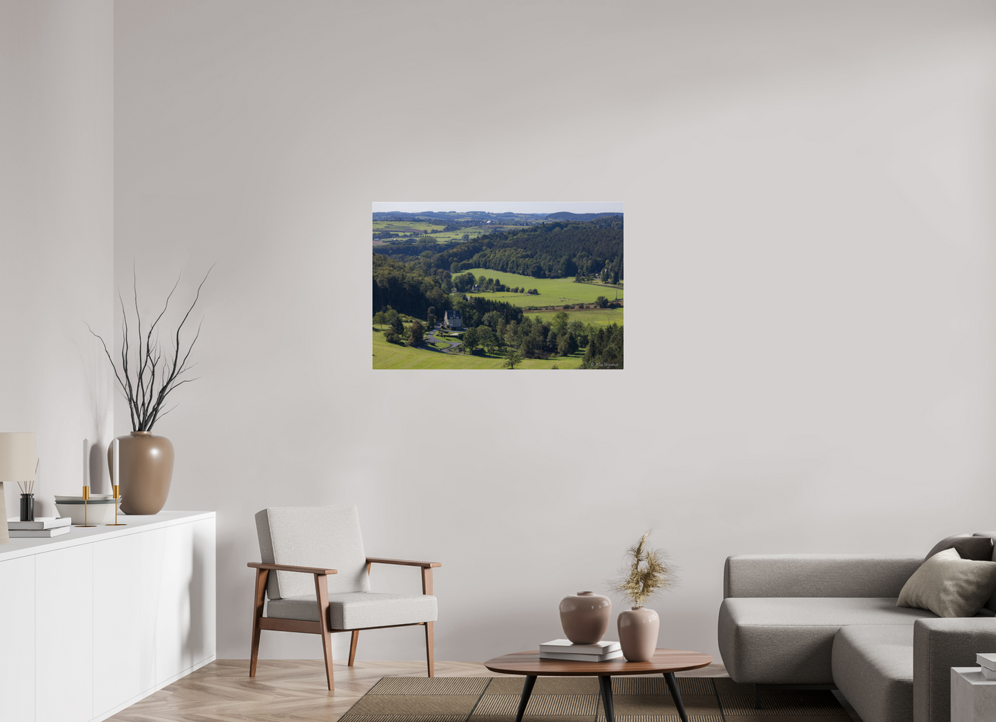 Serene Belgium Countryside Landscape Print - Lush Green Hills and Charming Cottage