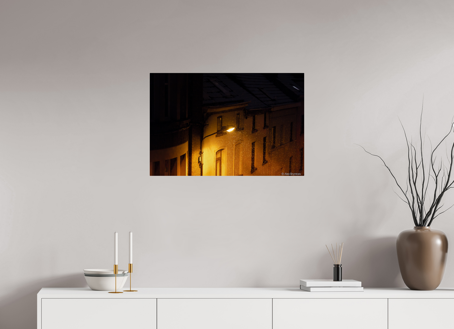Enchanting Night Street with Snowflakes Print, Premium Wall Art