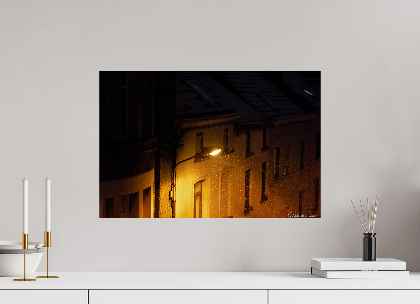 Enchanting Night Street with Snowflakes Print, Premium Wall Art