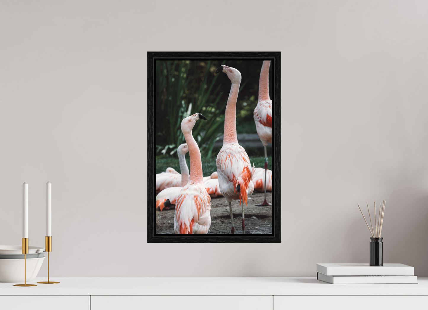 Graceful Flamingo Dance Art Print Wall Decor Vibrant Nature Photography