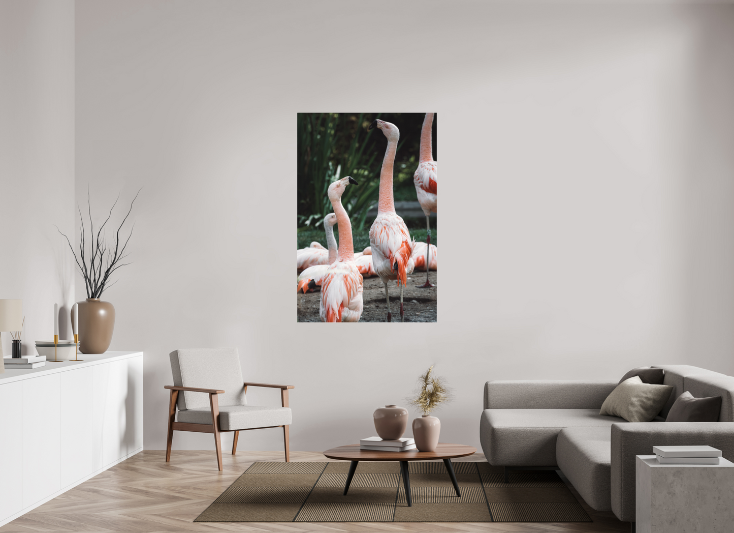 Graceful Flamingo Dance Art Print Wall Decor Vibrant Nature Photography
