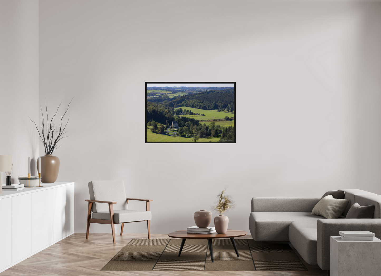Serene Belgium Countryside Landscape Print - Lush Green Hills and Charming Cottage
