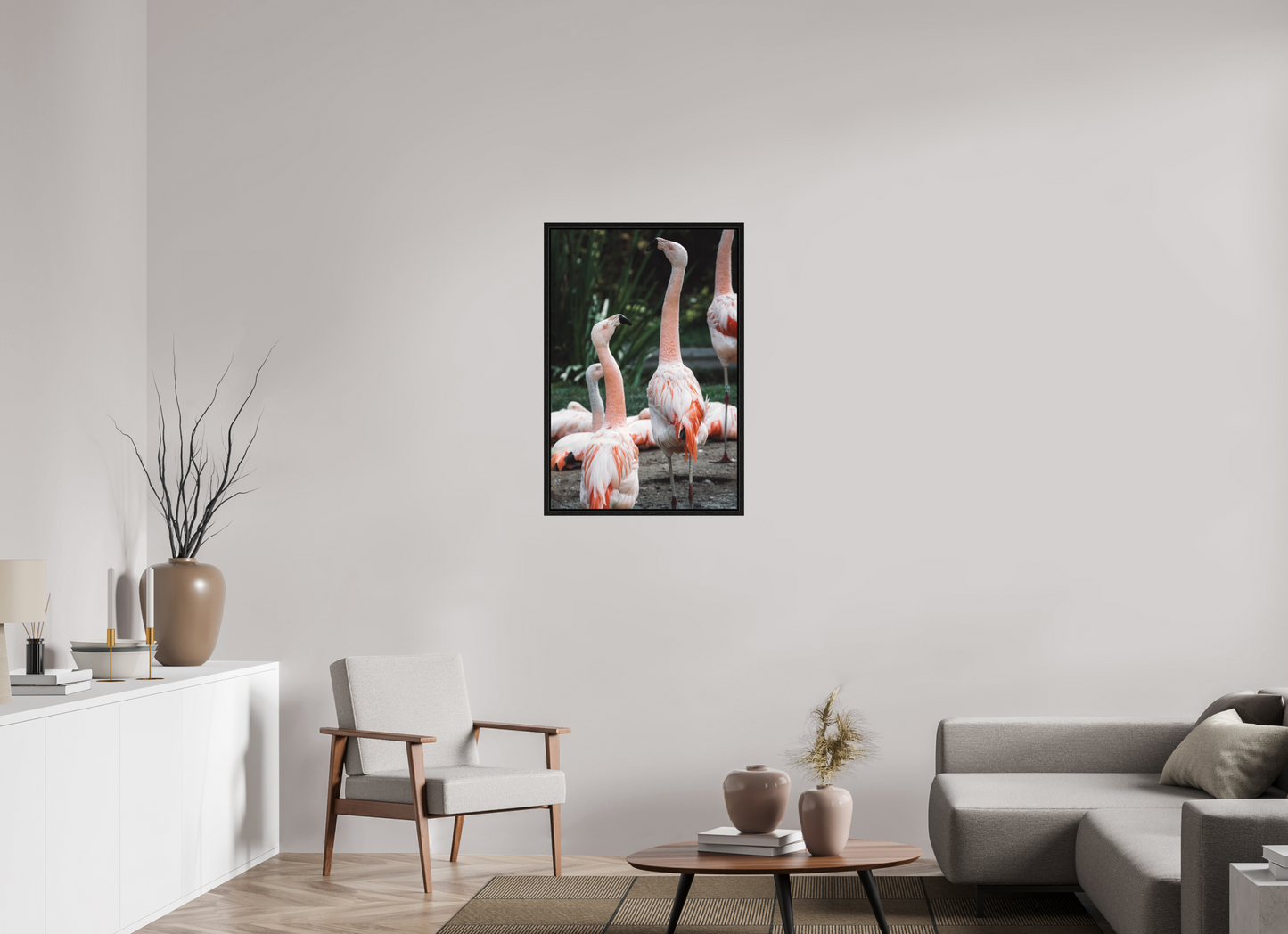 Graceful Flamingo Dance Art Print Wall Decor Vibrant Nature Photography