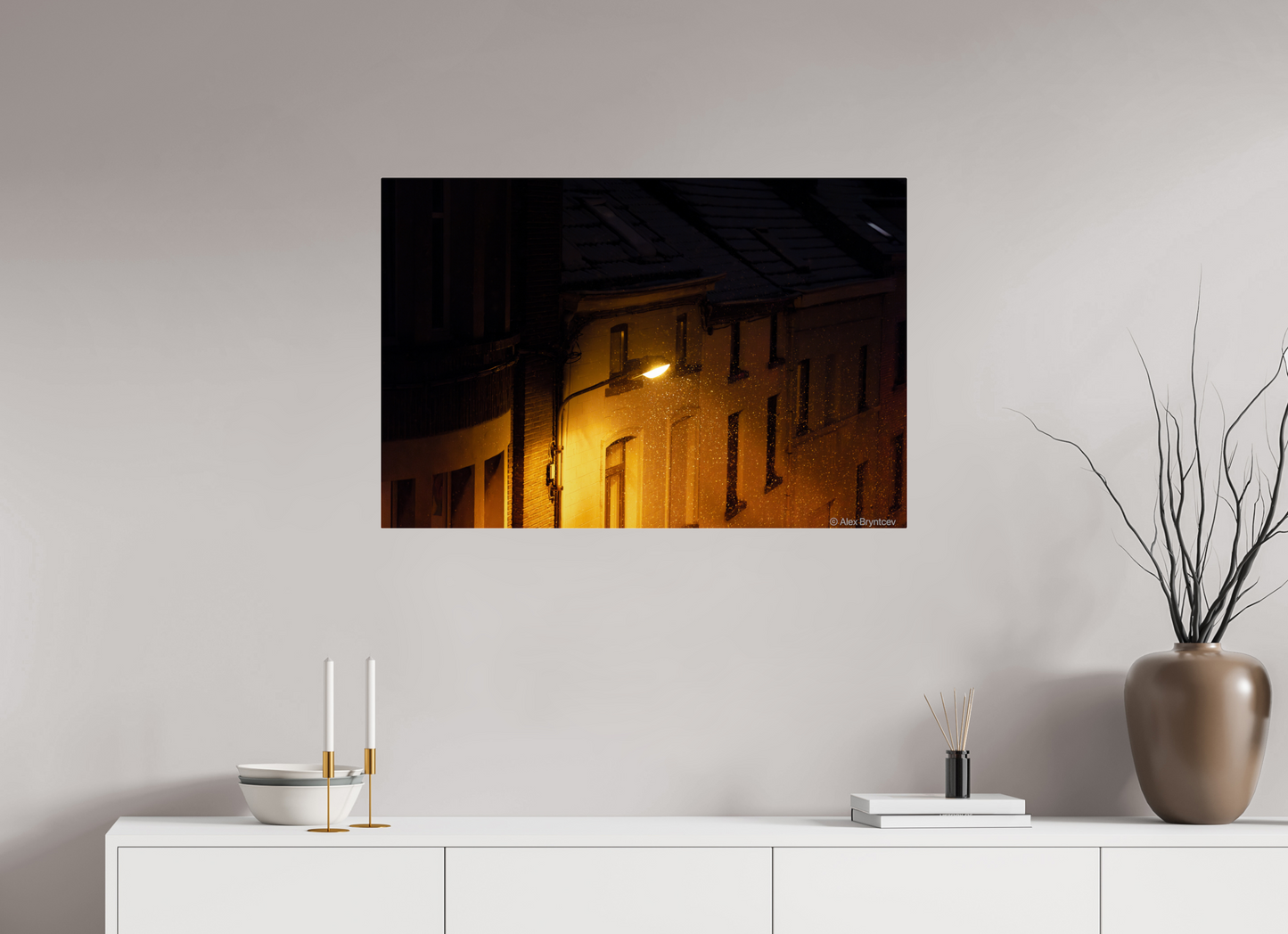 Enchanting Night Street with Snowflakes Print, Premium Wall Art