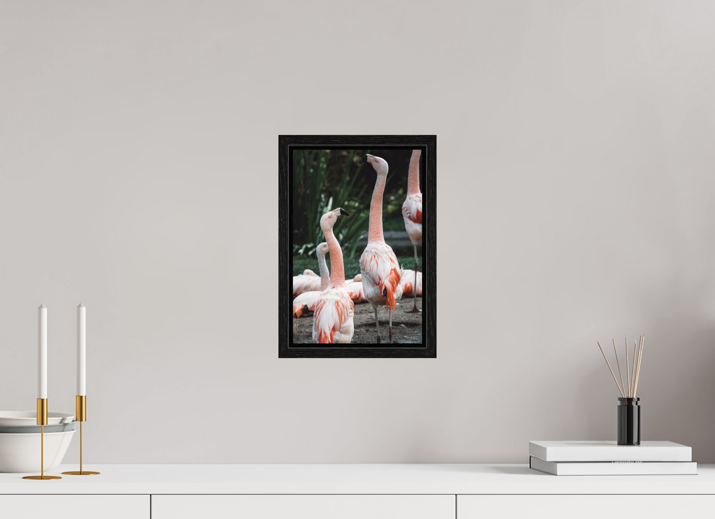 Graceful Flamingo Dance Art Print Wall Decor Vibrant Nature Photography