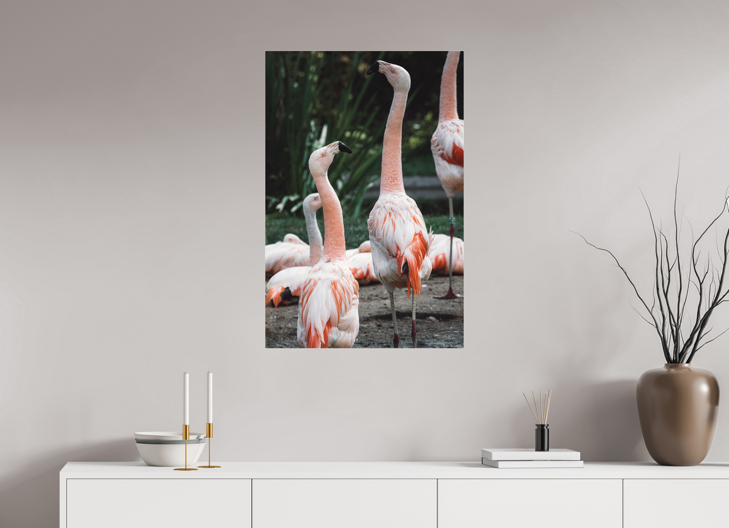 Graceful Flamingo Dance Art Print Wall Decor Vibrant Nature Photography