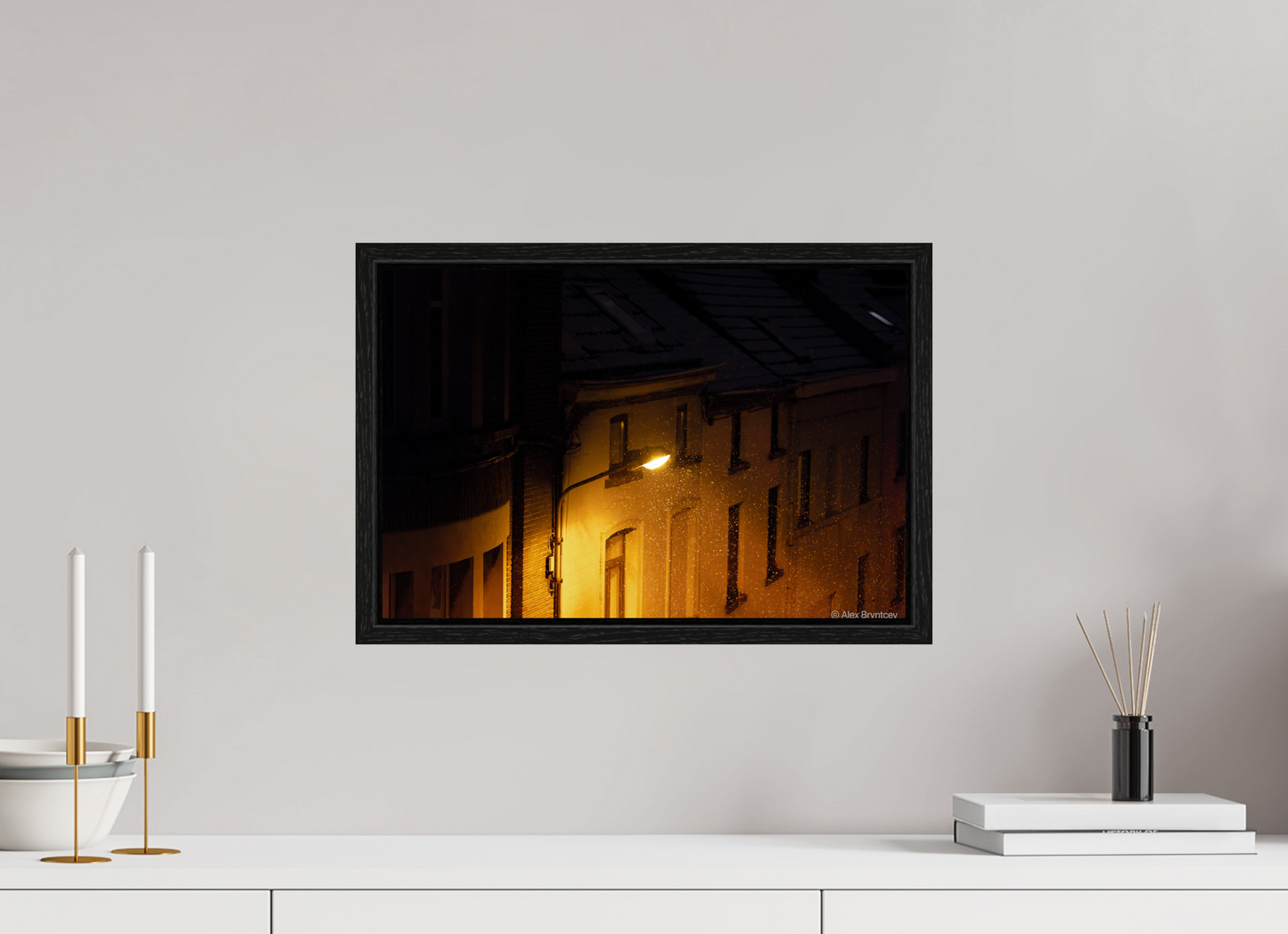 Enchanting Night Street with Snowflakes Print, Premium Wall Art