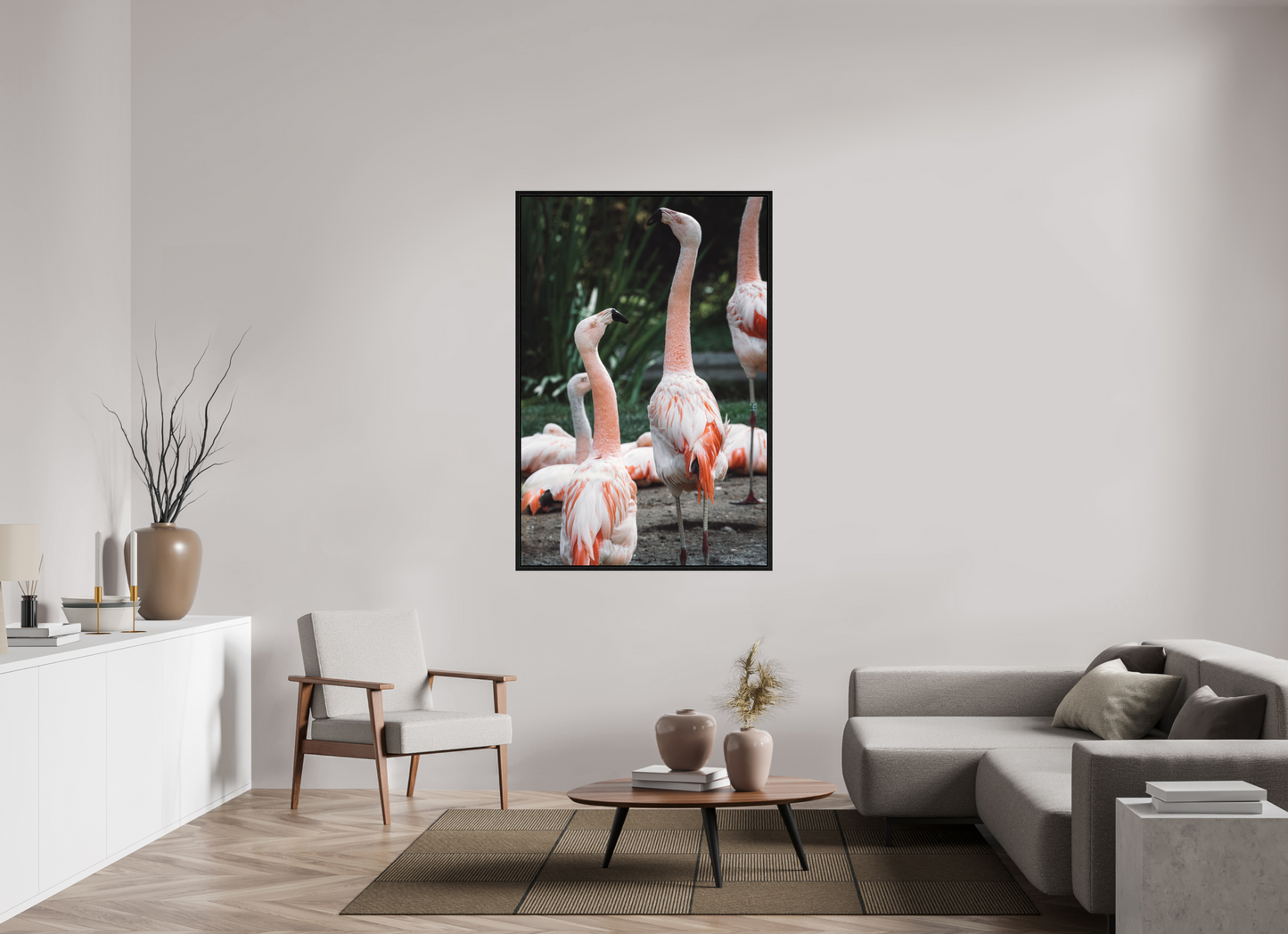 Graceful Flamingo Dance Art Print Wall Decor Vibrant Nature Photography