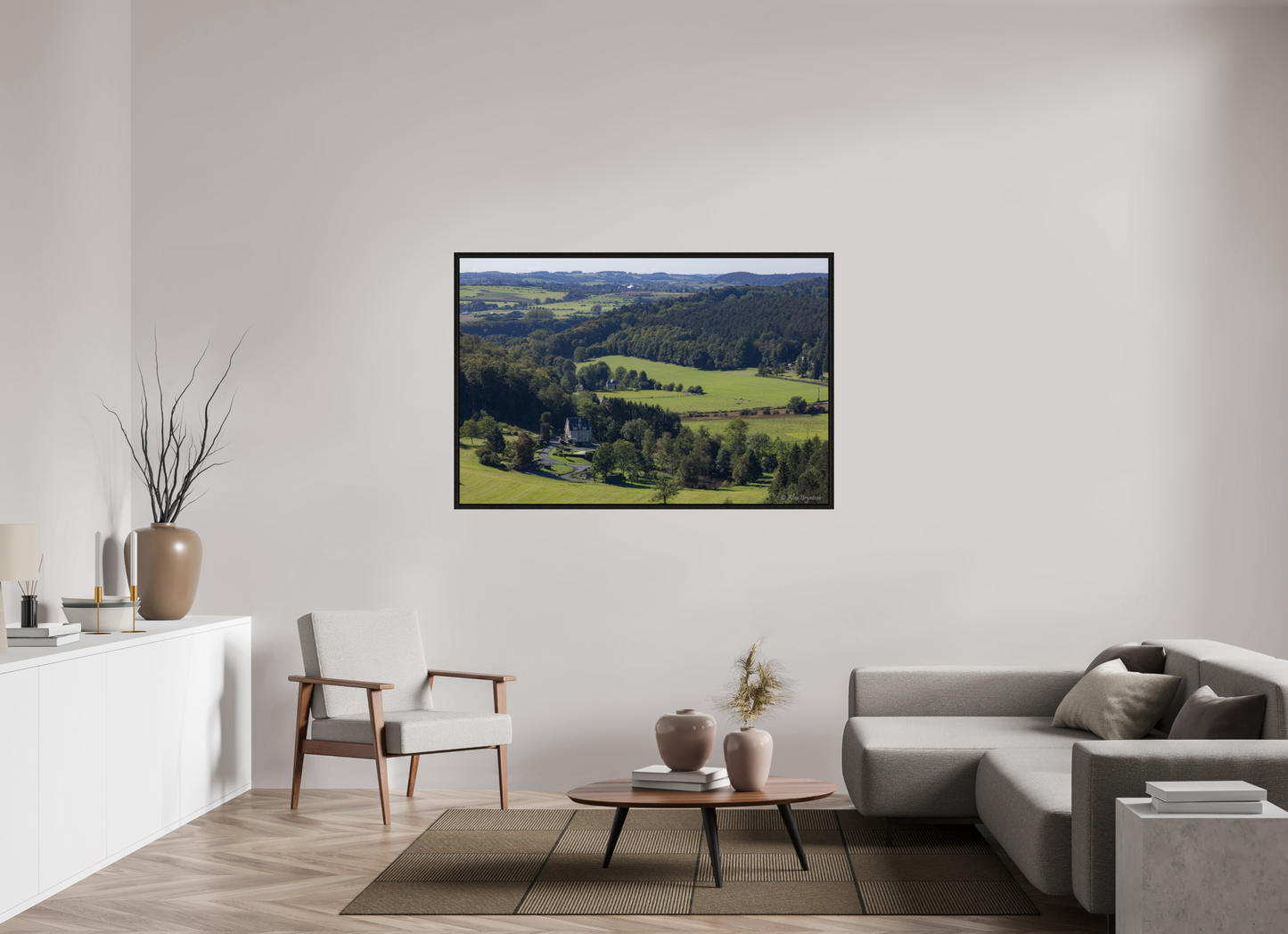 Serene Belgium Countryside Landscape Print - Lush Green Hills and Charming Cottage