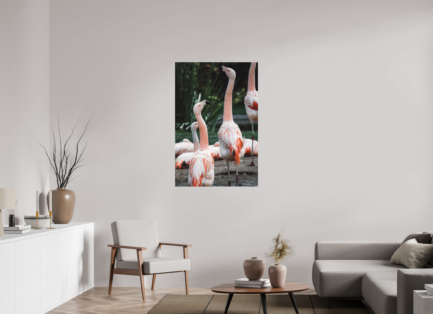 Graceful Flamingo Dance Art Print Wall Decor Vibrant Nature Photography