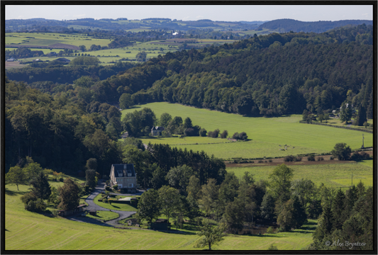 Serene Belgium Countryside Landscape Print - Lush Green Hills and Charming Cottage