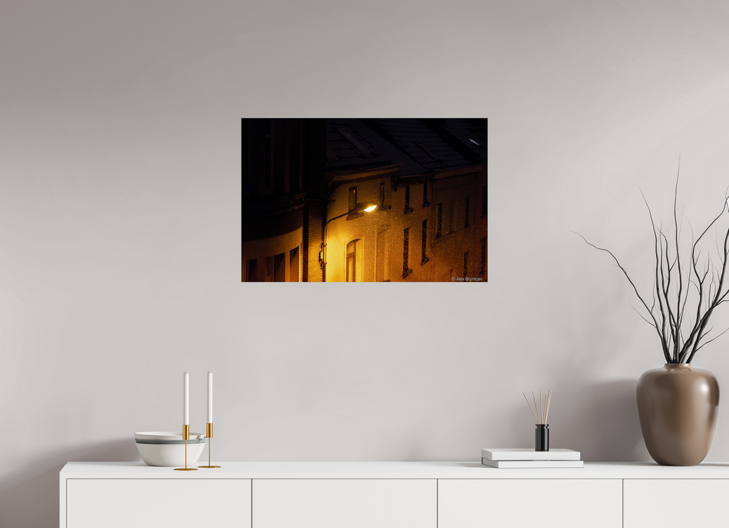 Enchanting Night Street with Snowflakes Print, Premium Wall Art