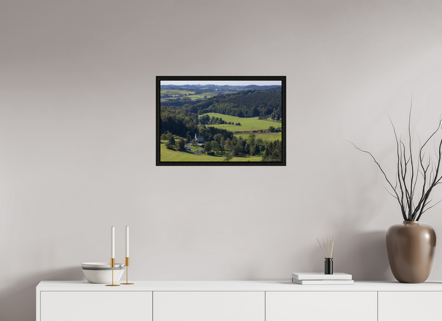 Serene Belgium Countryside Landscape Print - Lush Green Hills and Charming Cottage