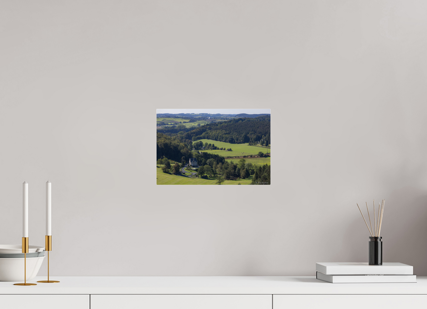Serene Belgium Countryside Landscape Print - Lush Green Hills and Charming Cottage