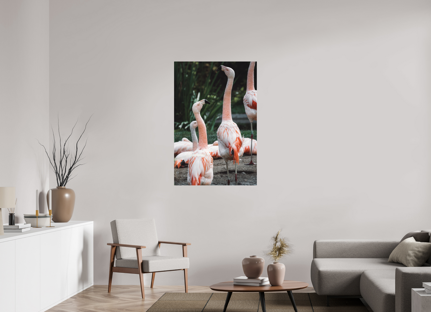 Graceful Flamingo Dance Art Print Wall Decor Vibrant Nature Photography