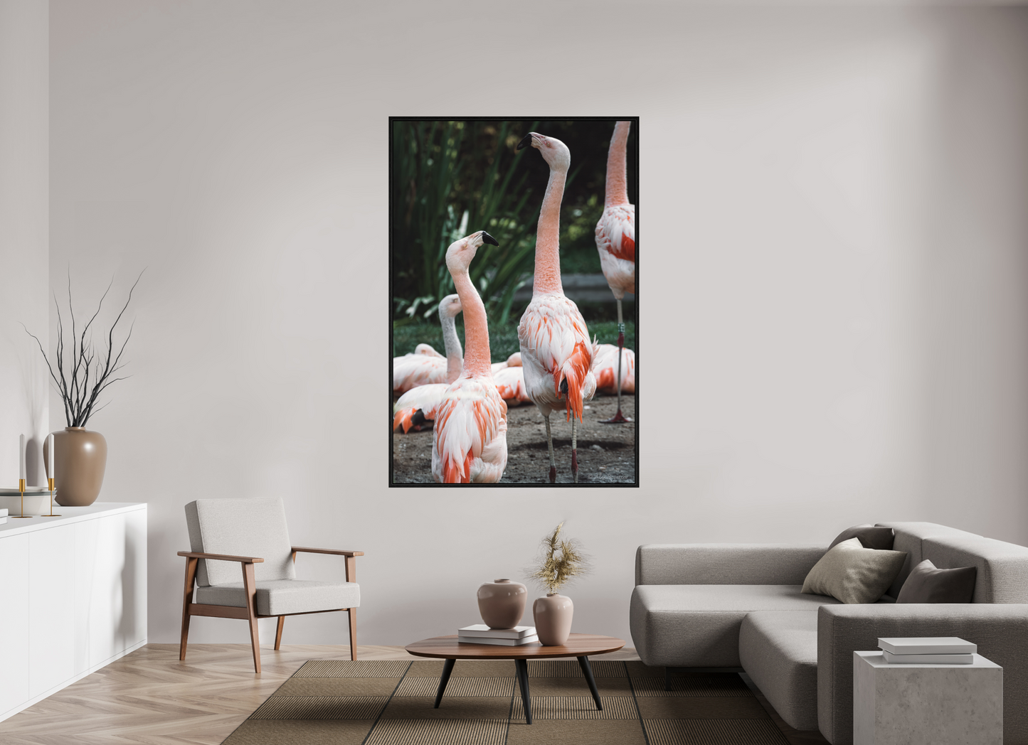 Graceful Flamingo Dance Art Print Wall Decor Vibrant Nature Photography