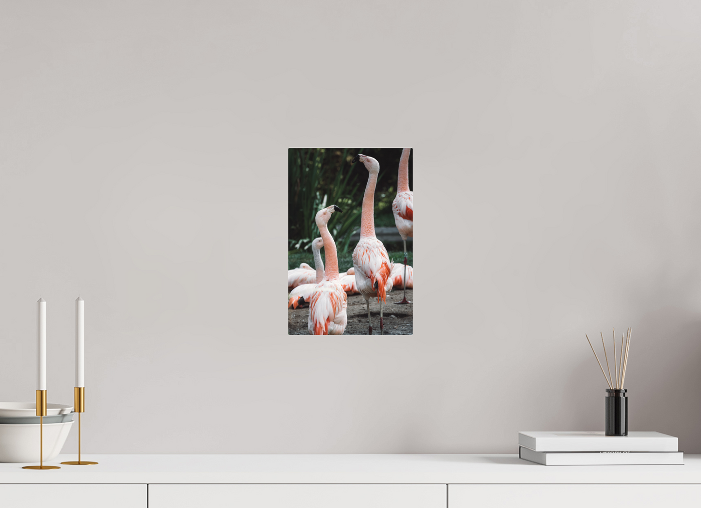 Graceful Flamingo Dance Art Print Wall Decor Vibrant Nature Photography