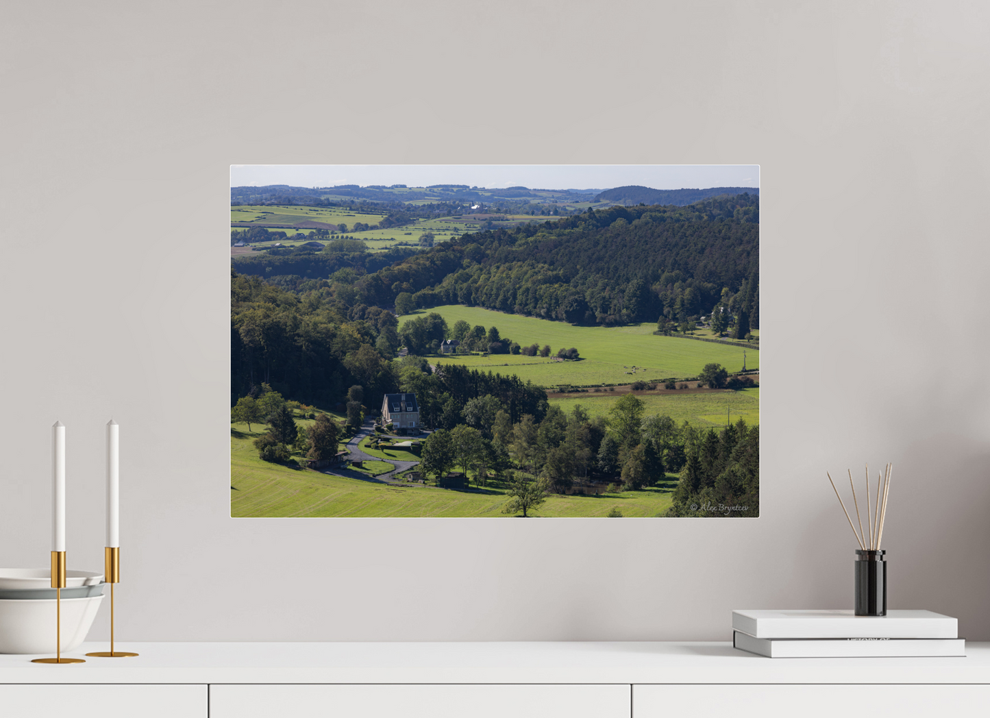 Serene Belgium Countryside Landscape Print - Lush Green Hills and Charming Cottage