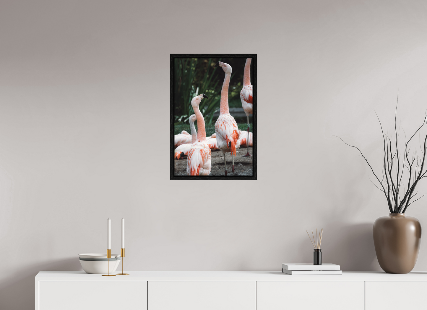 Graceful Flamingo Dance Art Print Wall Decor Vibrant Nature Photography
