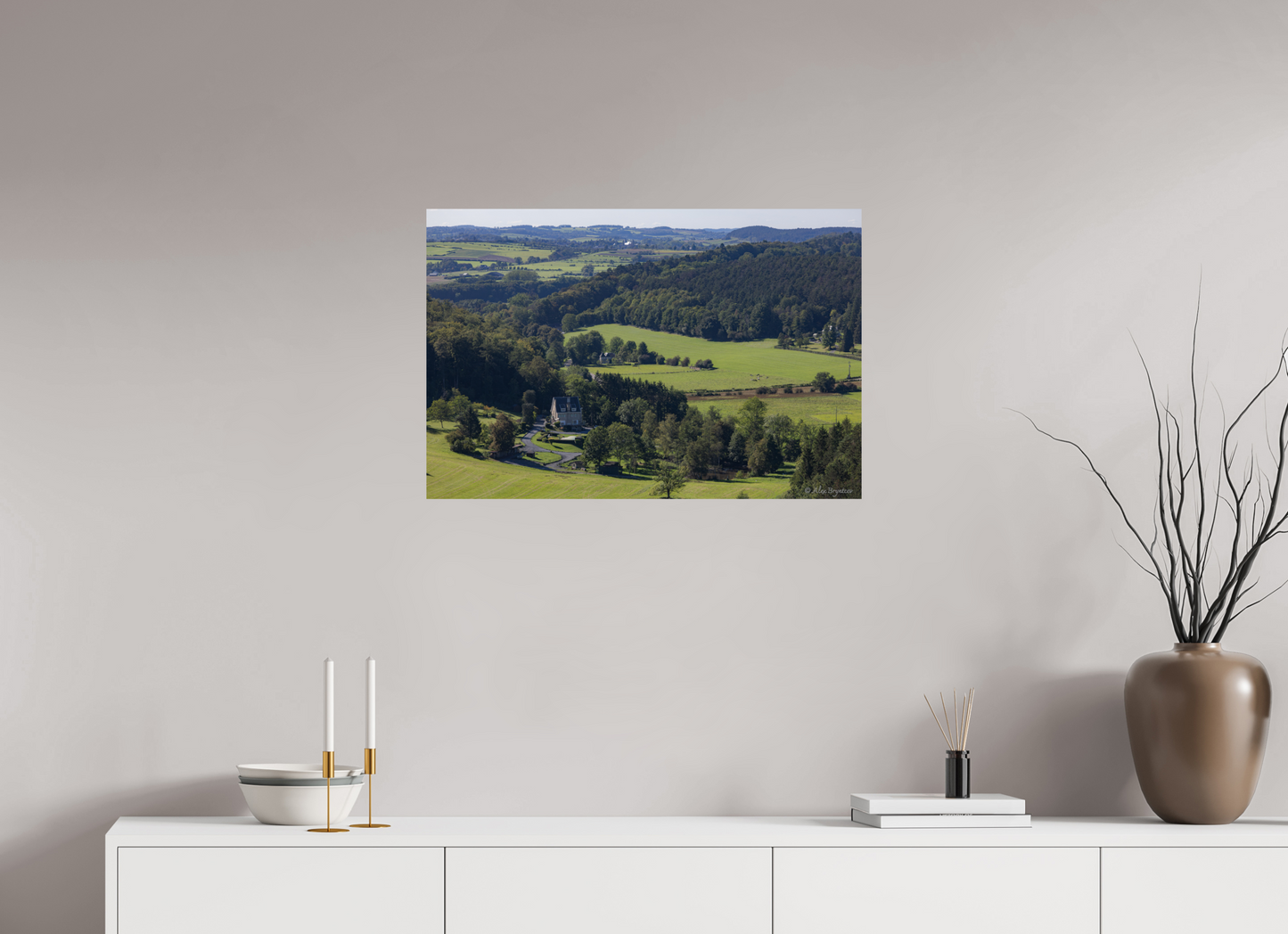 Serene Belgium Countryside Landscape Print - Lush Green Hills and Charming Cottage