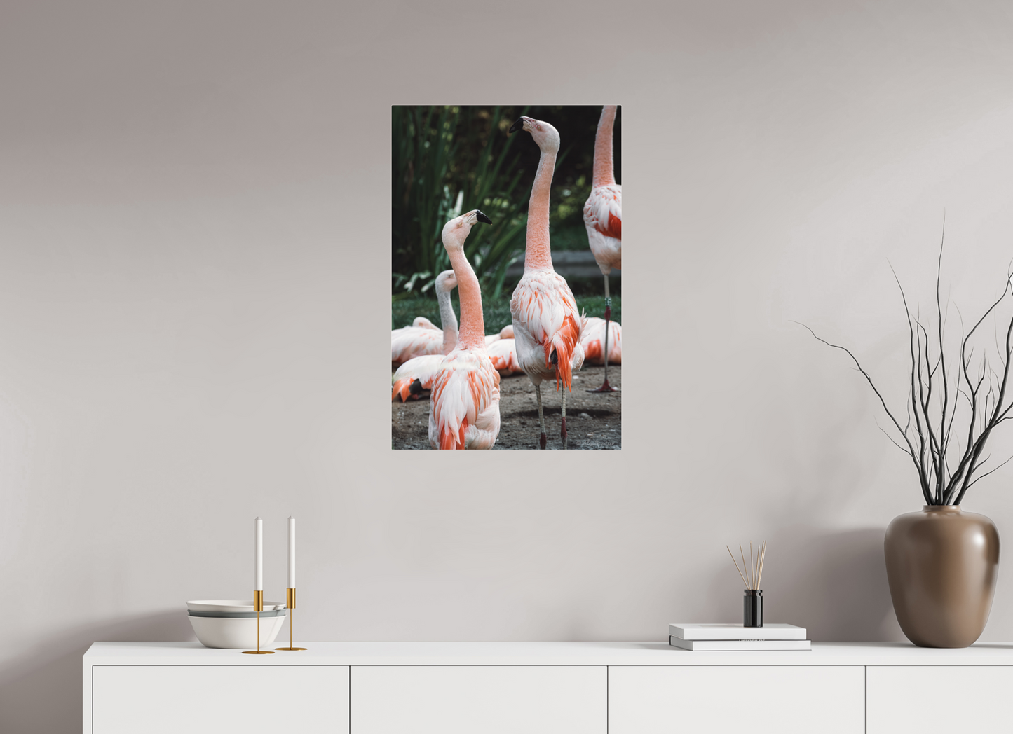 Graceful Flamingo Dance Art Print Wall Decor Vibrant Nature Photography