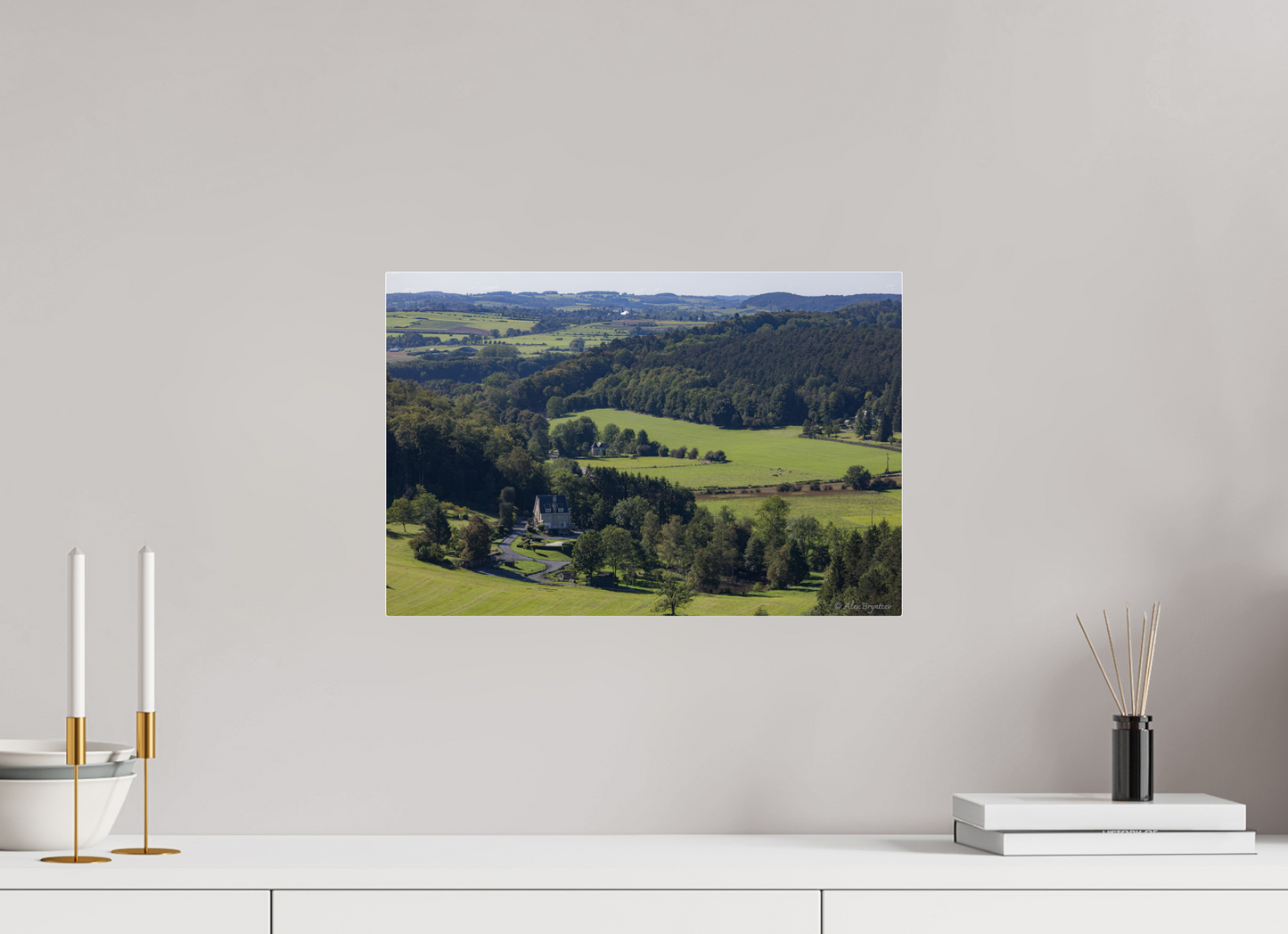 Serene Belgium Countryside Landscape Print - Lush Green Hills and Charming Cottage