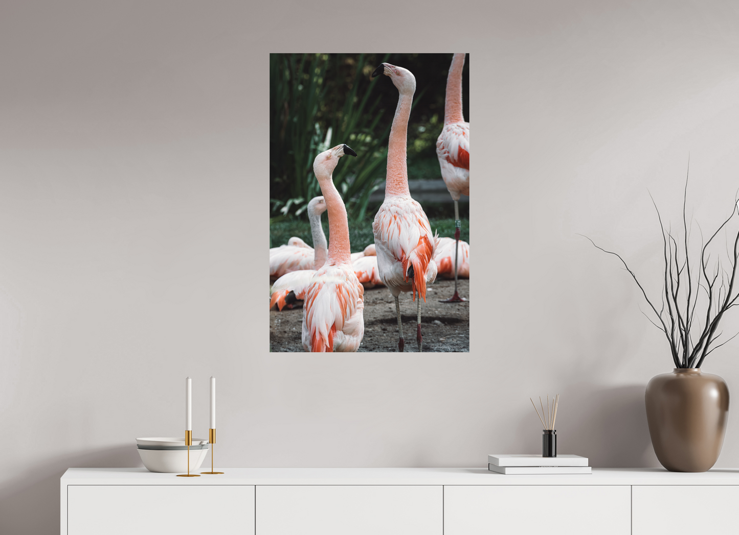 Graceful Flamingo Dance Art Print Wall Decor Vibrant Nature Photography
