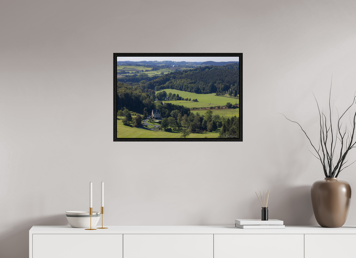 Serene Belgium Countryside Landscape Print - Lush Green Hills and Charming Cottage