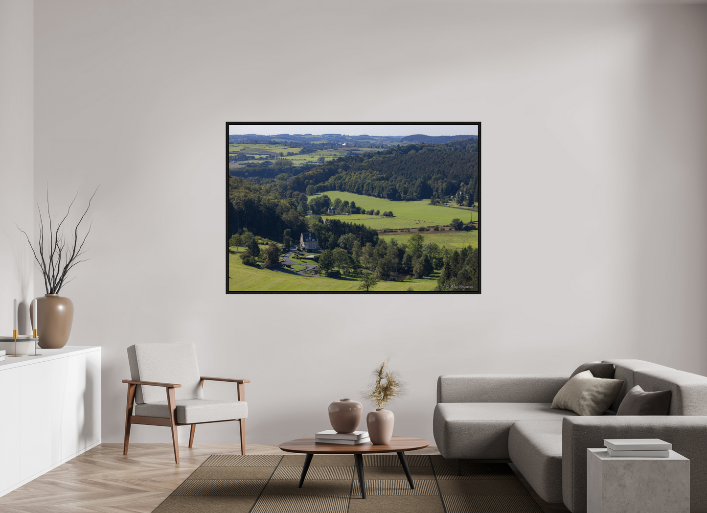 Serene Belgium Countryside Landscape Print - Lush Green Hills and Charming Cottage