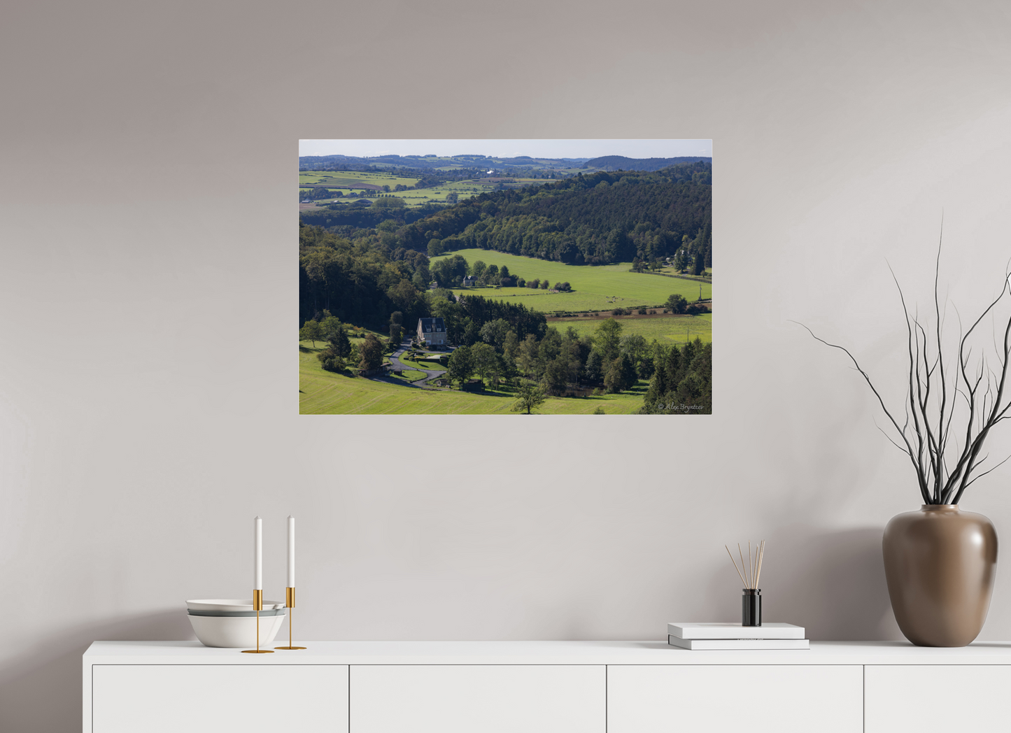 Serene Belgium Countryside Landscape Print - Lush Green Hills and Charming Cottage